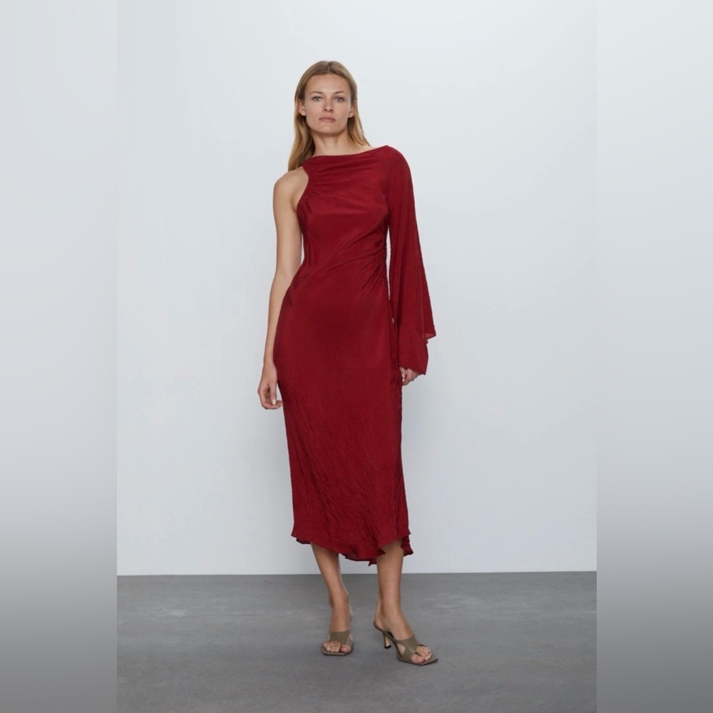 Maroon Red One Sleeve Shoulder Asymmetrical Midi Satin Formal Fancy Dress Sz L - Picture 7 of 16